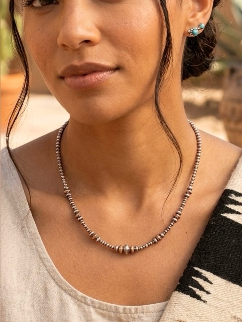 Native Style Navajo Pearl Inspired Silver And Copper Two Tone Beaded Necklace - Picture 1 of 5